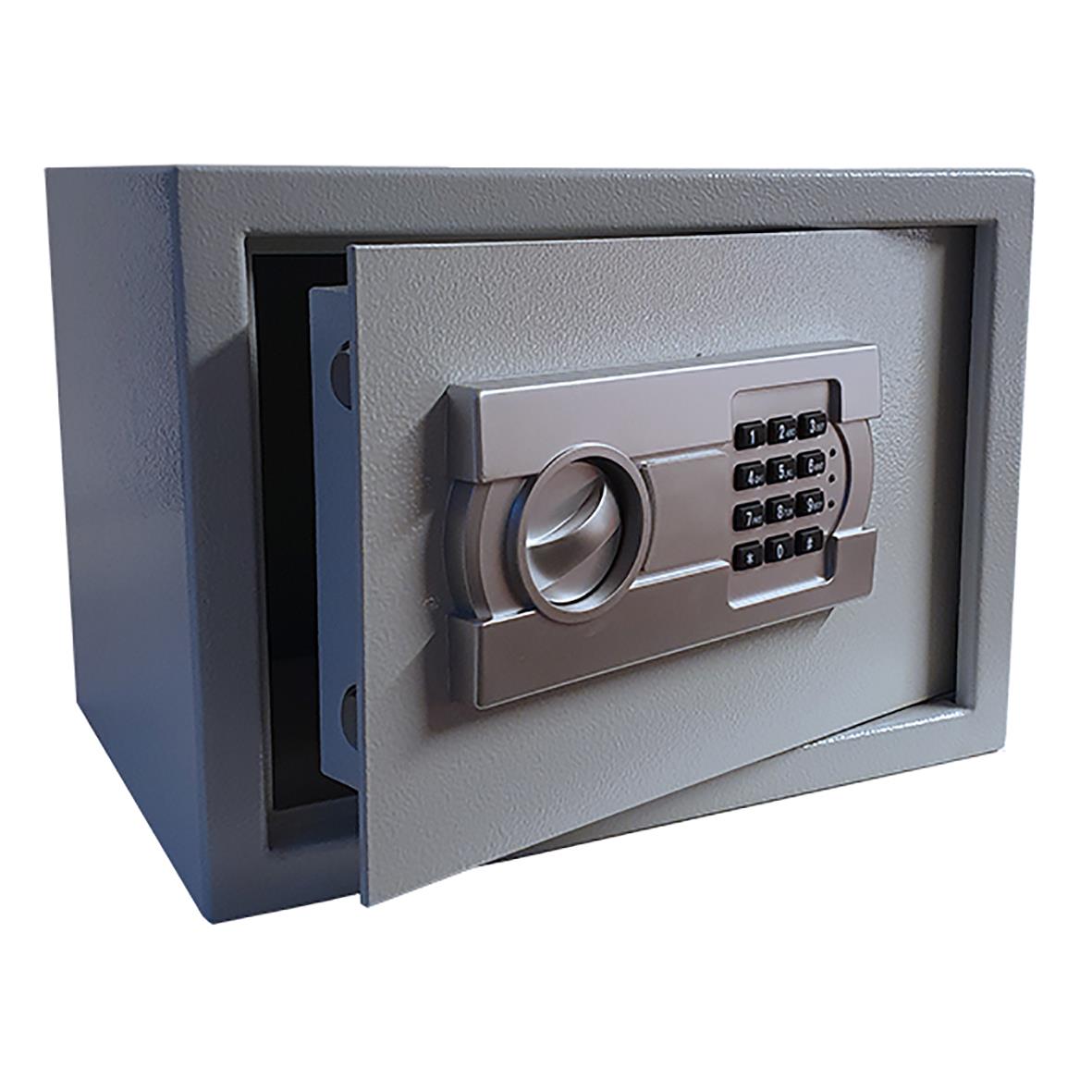 Ljusgrått stöldskyddsskåp med elektroniskt lås och kodknapps, mått 250x350x250 mm, väger 11 kg