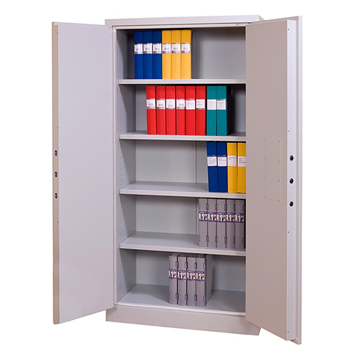 Brandisolerat dokumentskåp Altikon GTF 251 i ljusgrå med flera hyllor och arkivfack, mått 1950x1260x550mm, vikt 195 kg