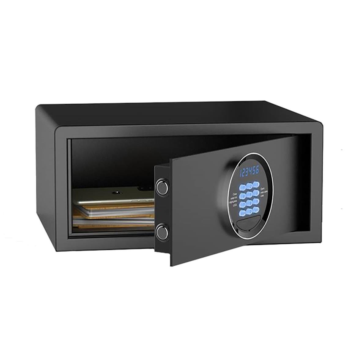 Svart laptopskåp Altikon LT 2043 med digital lås och plats för dokument, mått 200x435x365 mm, vikt 12,5 kg