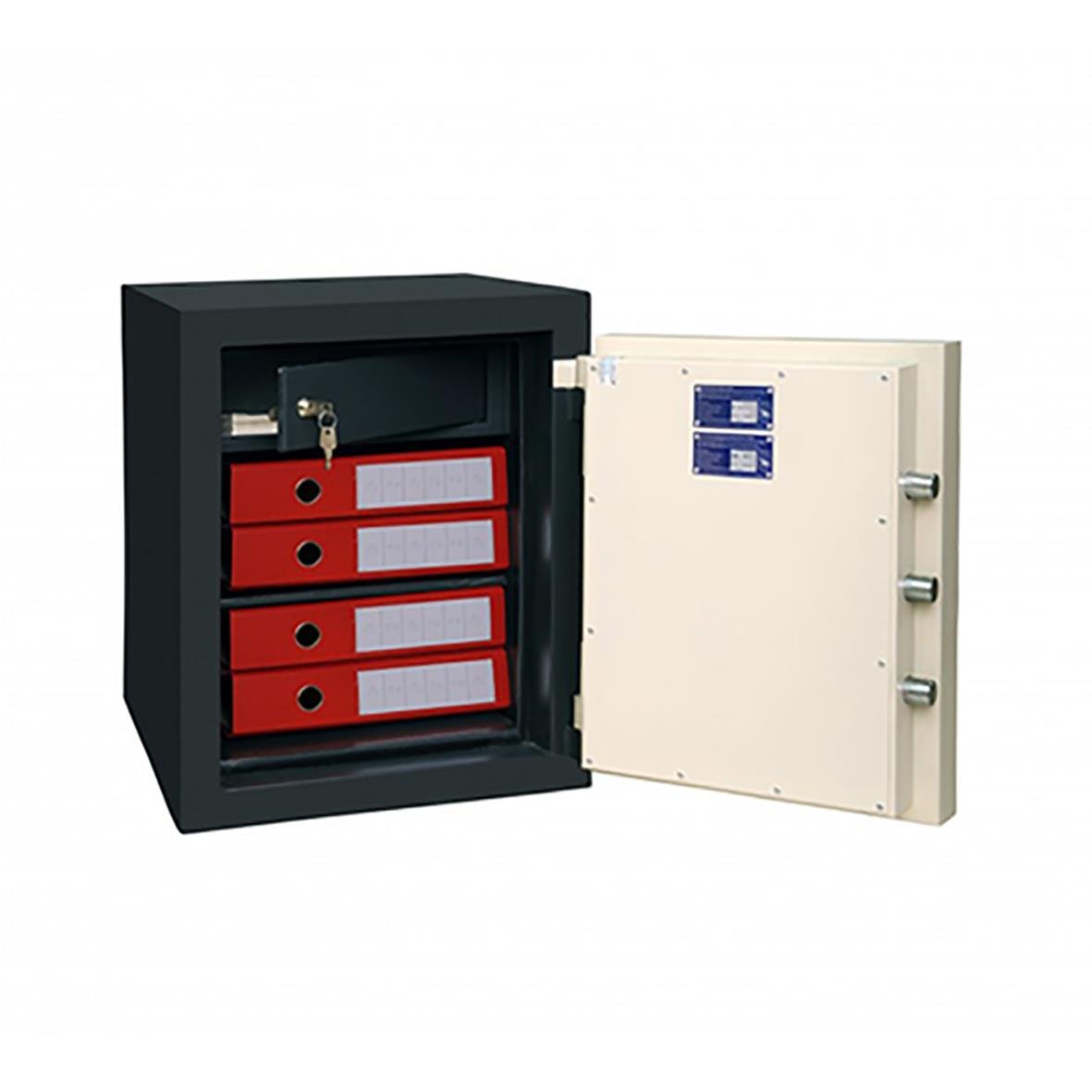 Svart stöld- och brandskyddsskåp med nyckellås, öppet, visar röda lådor, mått 560x445x445 mm, vikt 75 kg