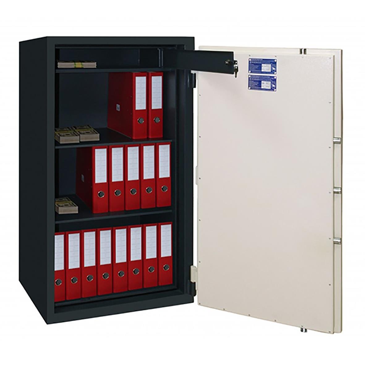 Stöld- och brandskyddsskåp Altikon FS123K mörkgrå med nyckellås, 1230x640x500 mm, 190 kg, inrett med röda arkivlådor