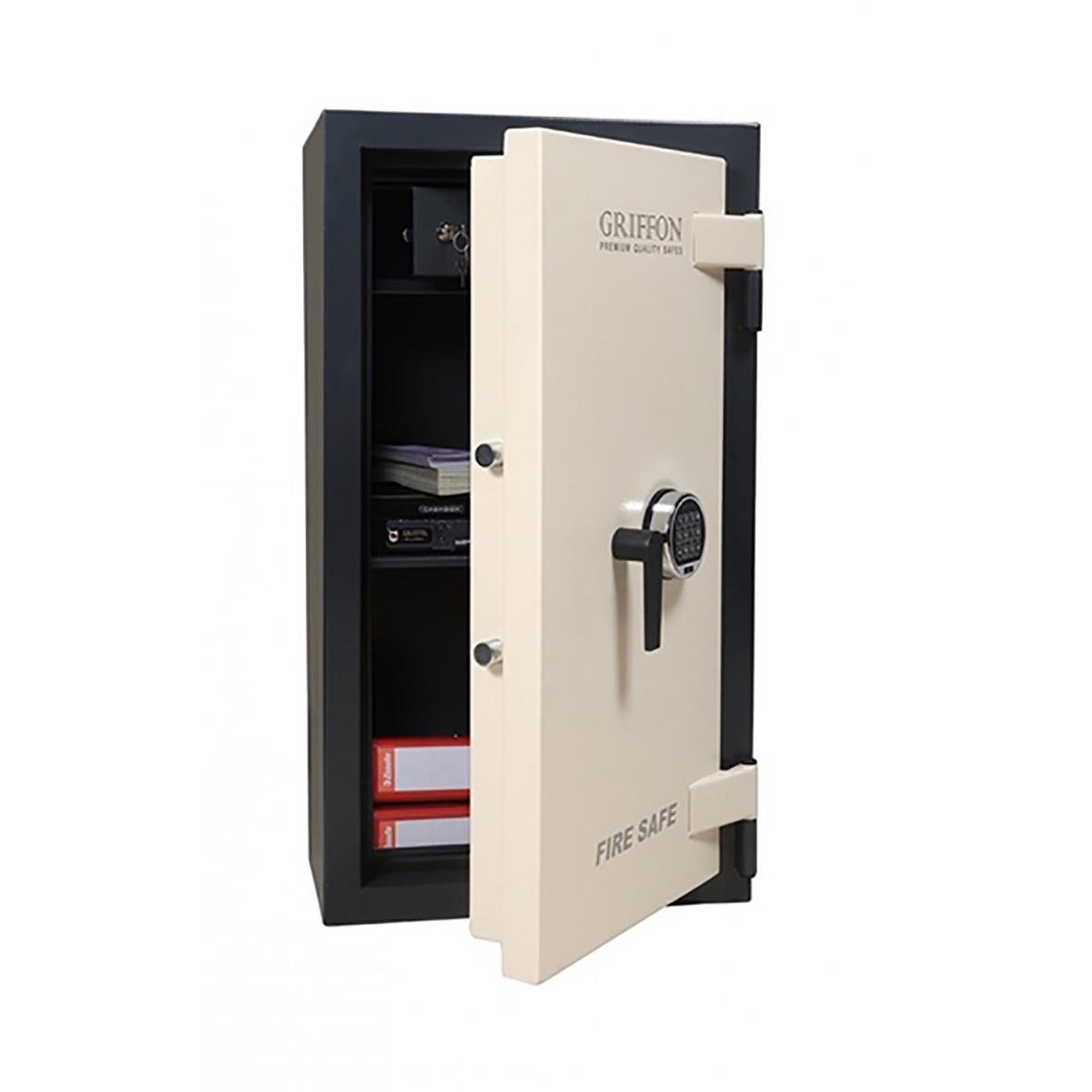 Brandskyddsskåp i mörkgrå med elkodlås, öppet visar hyllor och dokument