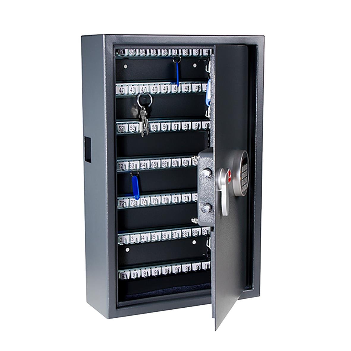 Nyckelskåp med kodlås och stöldskydd N100K, öppet med nycklar och lås