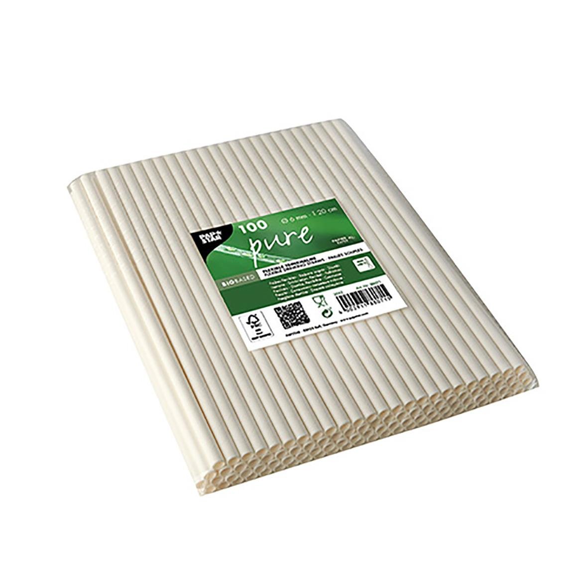 Vit papper sugrör med diameter 6 mm och längd 200 mm, staplade i bunt