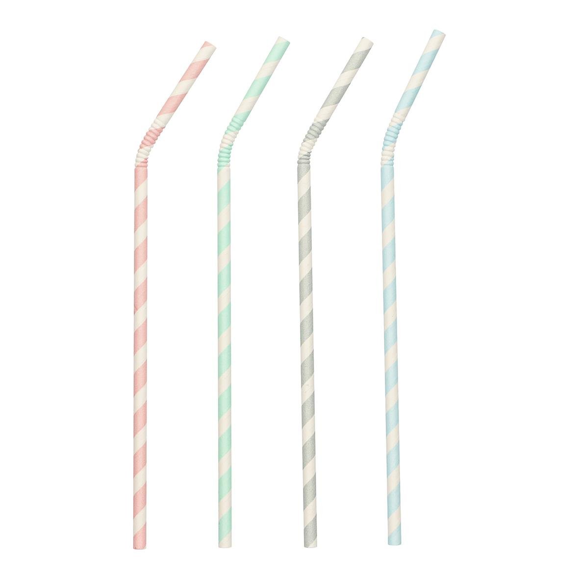 Böjbara papperssugrör med stripes i pastellfärger, 22 cm långa
