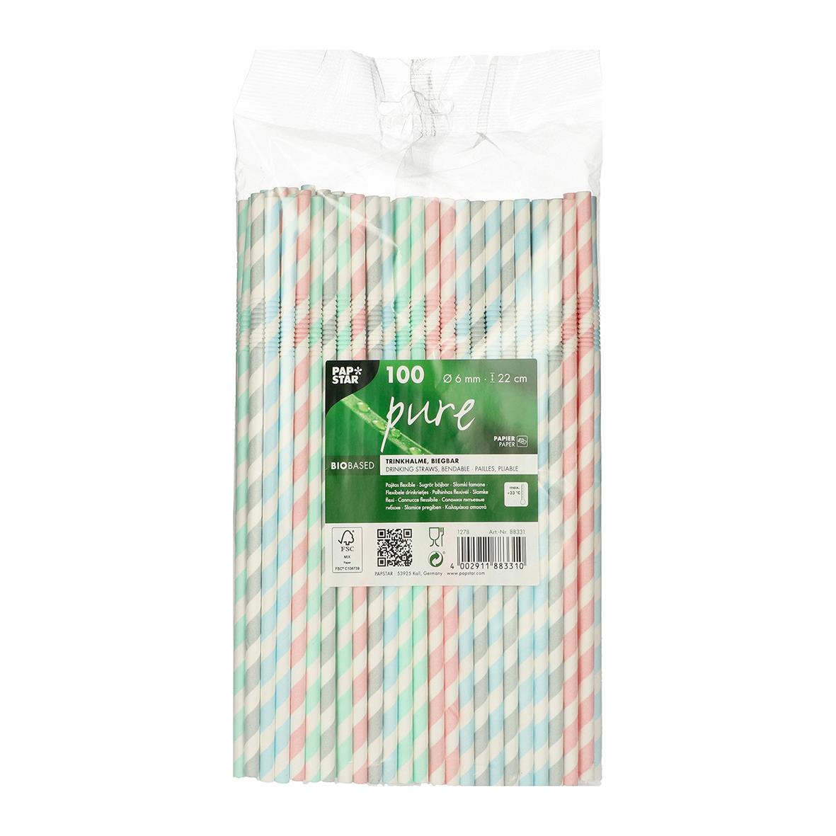 Böjbara papper sugrör med randig stripes design, 22 cm långa, i förpackning med 100 stycken