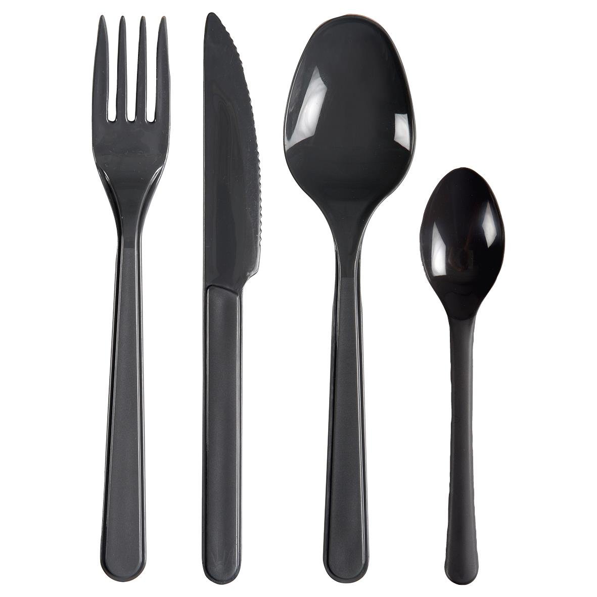 Set med svart plastbestick inklusive gaffel, kniv, sked och liten sked