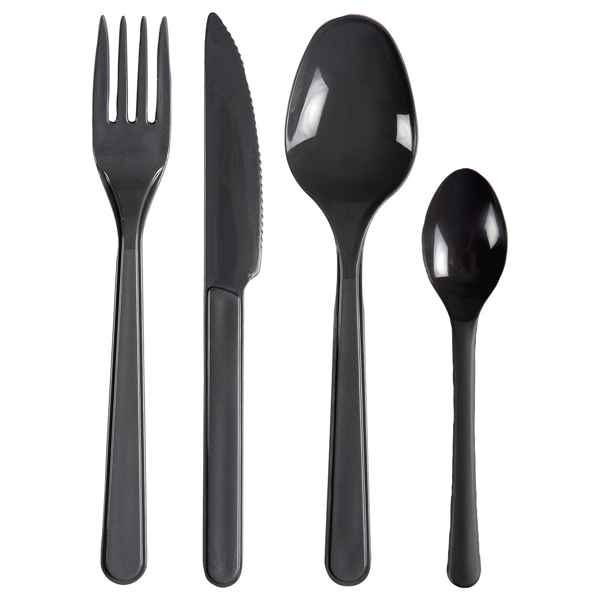 Set med svart plastbestick bestående av gaffel, kniv, sked och liten sked