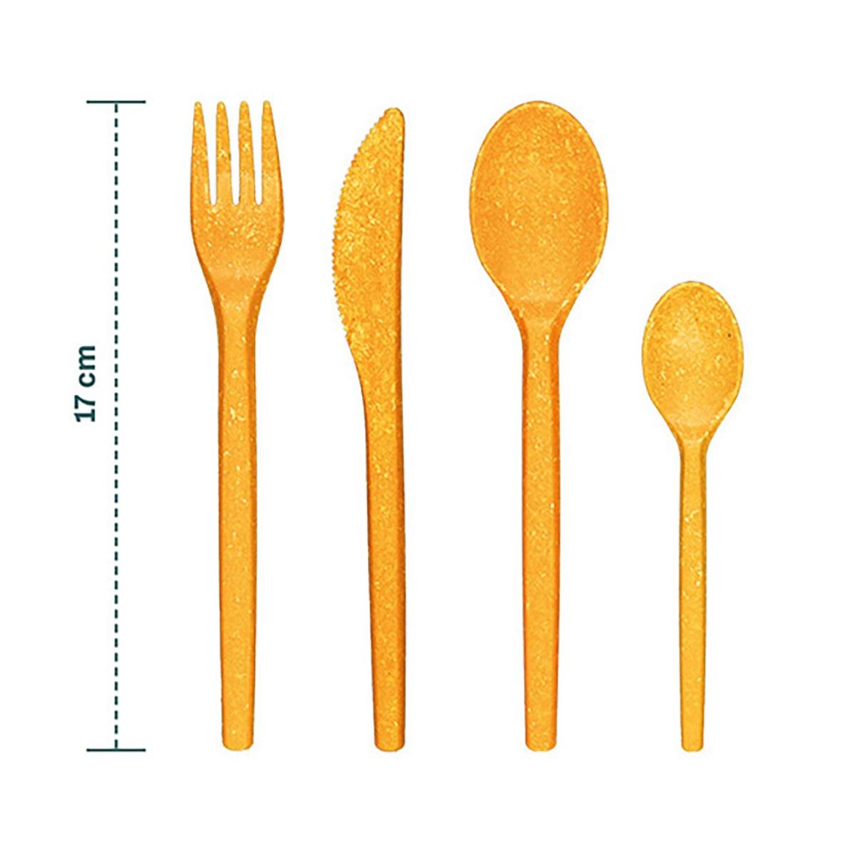 Flergångs biokompositkniv, gaffel, sked och tesked i brunt, 17 cm långa