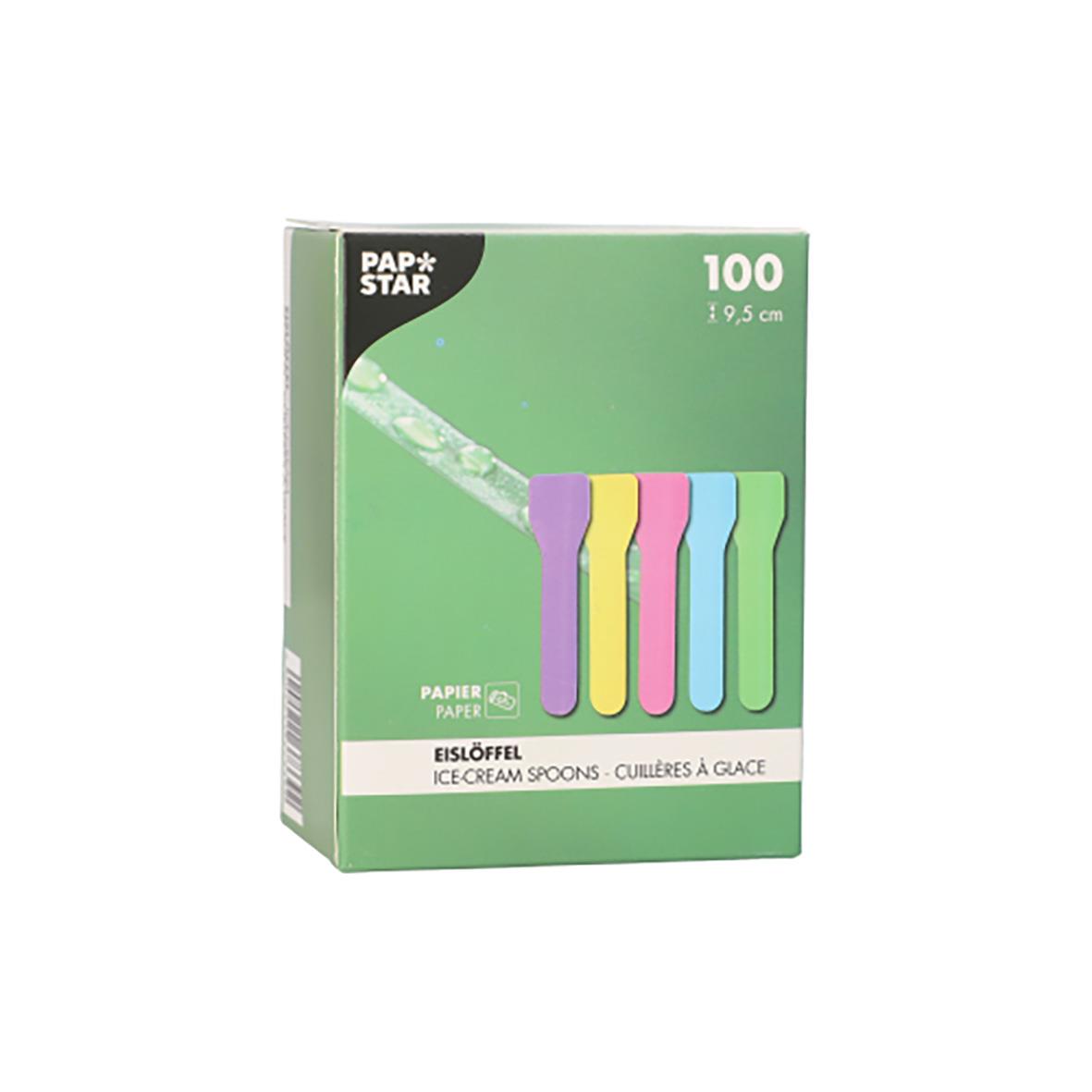 Set med 100 färgade papper- och dessertskedar 9,5 cm från Papstar
