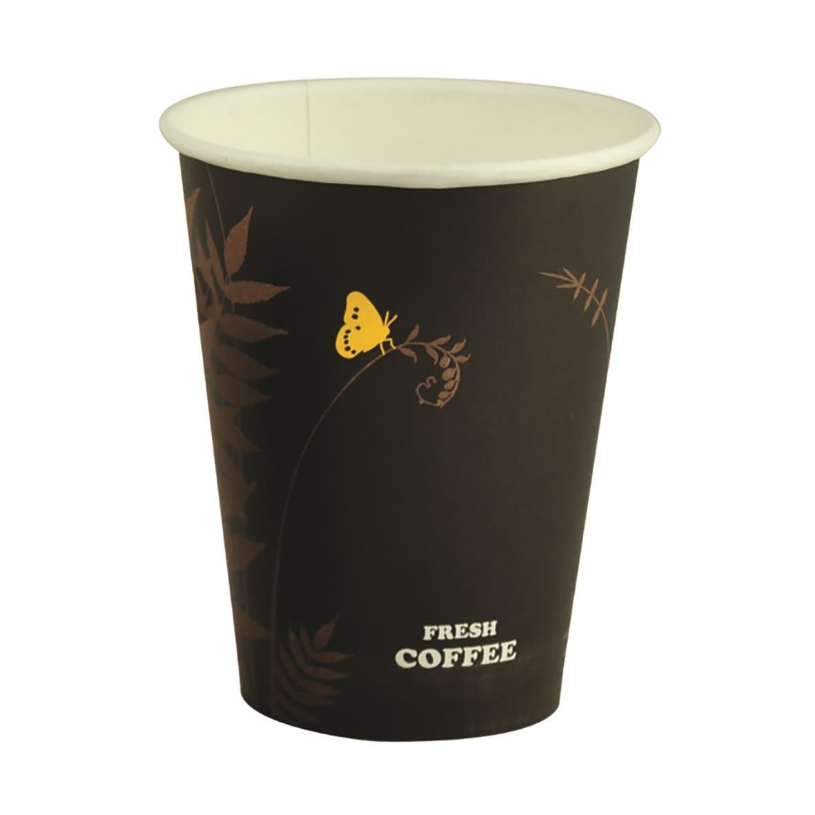 Svart pappersmugg med mönster och text FRESH COFFEE, 36cl