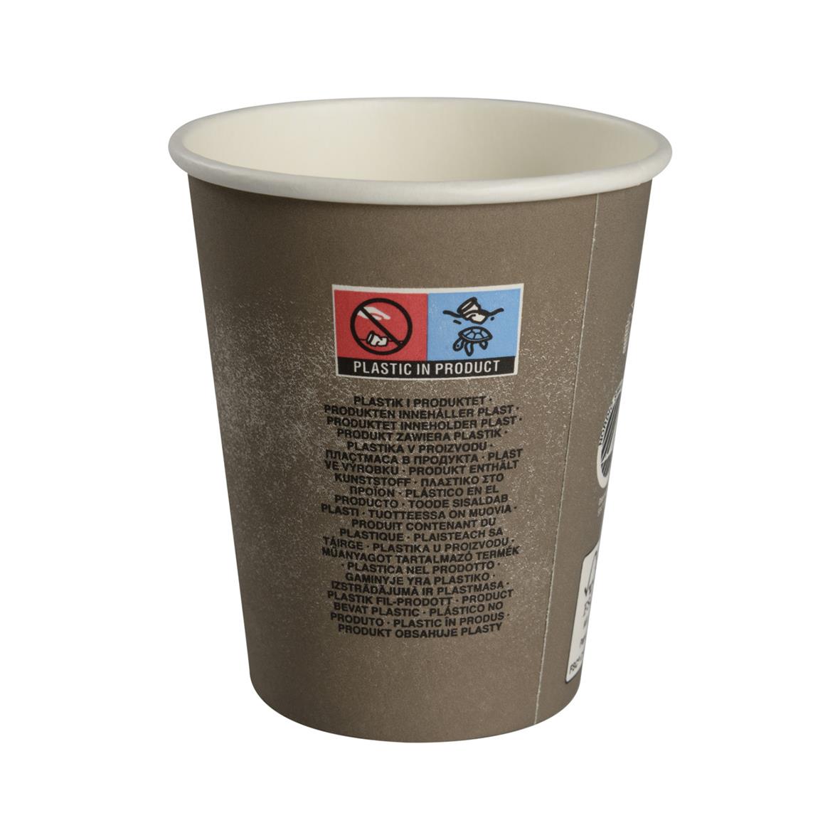 Pappersmugg Svanen Grå 24cl med varningsetikett om plast