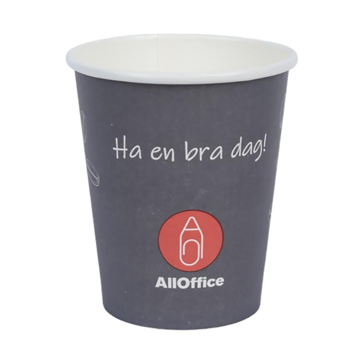 Grå pappersmugg med AllOffice logo och text Ha en bra dag!