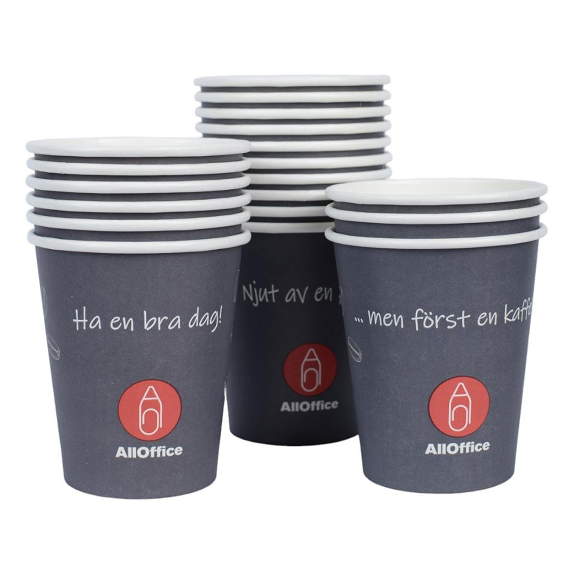 Grå pappersmuggar med AllOffice-logga och text, 24cl