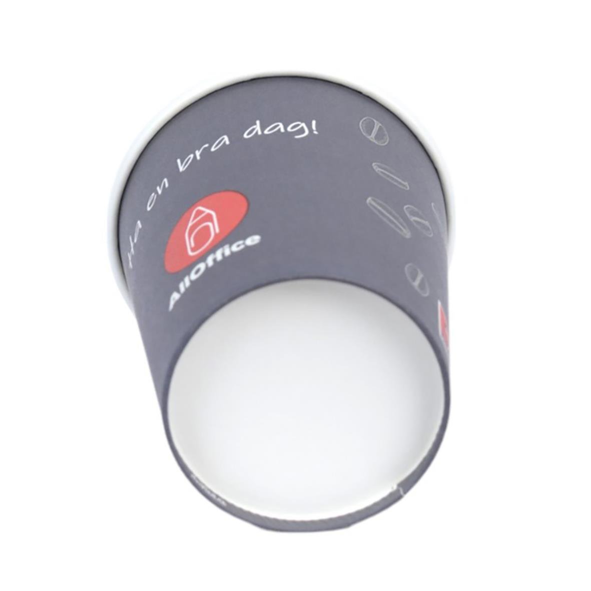 Grå pappersmugg AllOffice SW 24cl med text och logo