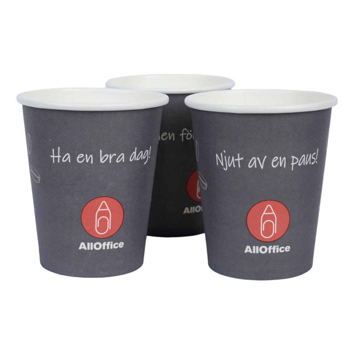 Tre grå pappersmuggar med lock från AllOffice, 24cl, med text och logga