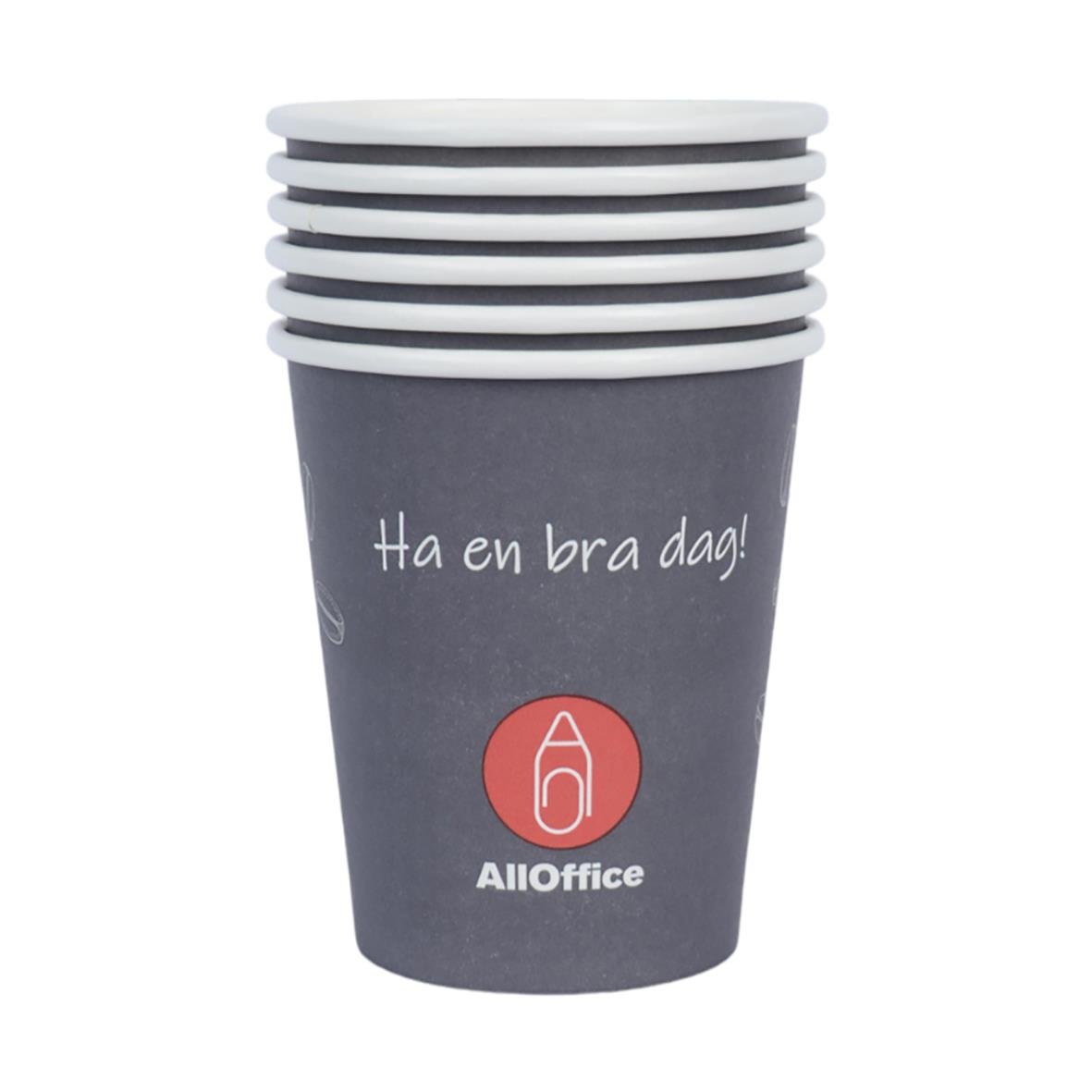 Grå pappersmugg med AllOffice SW Grå 24cl och text Ha en bra dag