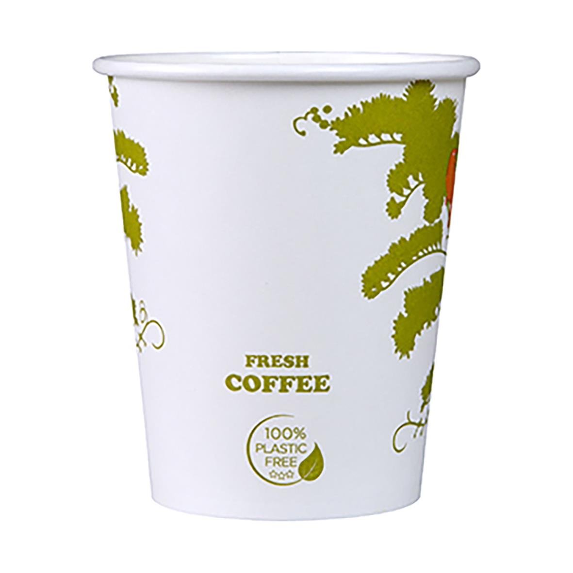 Vit pappersmugg för kaffe, 24cl, plastfri med gröna träd och texten Fresh Coffee