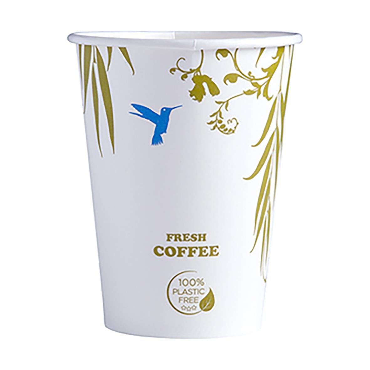 Vit pappersmugg för kaffe, 36cl, plastfri med gröna och blå design