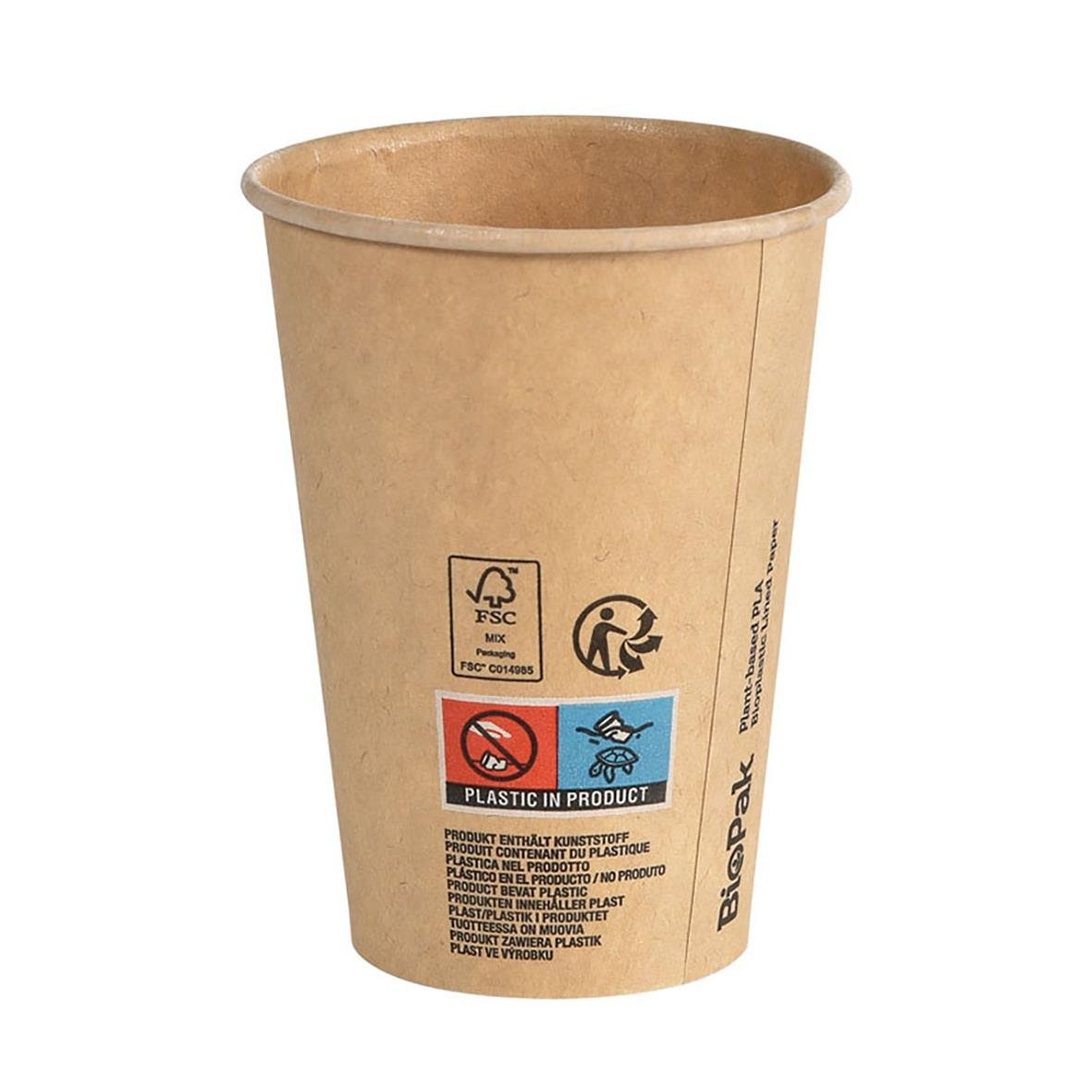 Pappersmugg Duni Natur 21cl i naturfärgad pappersdesign med miljömärken och återvinningssymbol