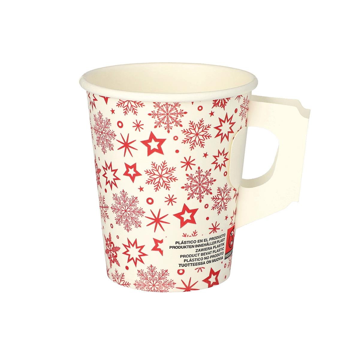 Pappersmugg med vintermotiv och handtag, 20cl kapacitet, julig design med röda och rosa snöflingor och stjärnor