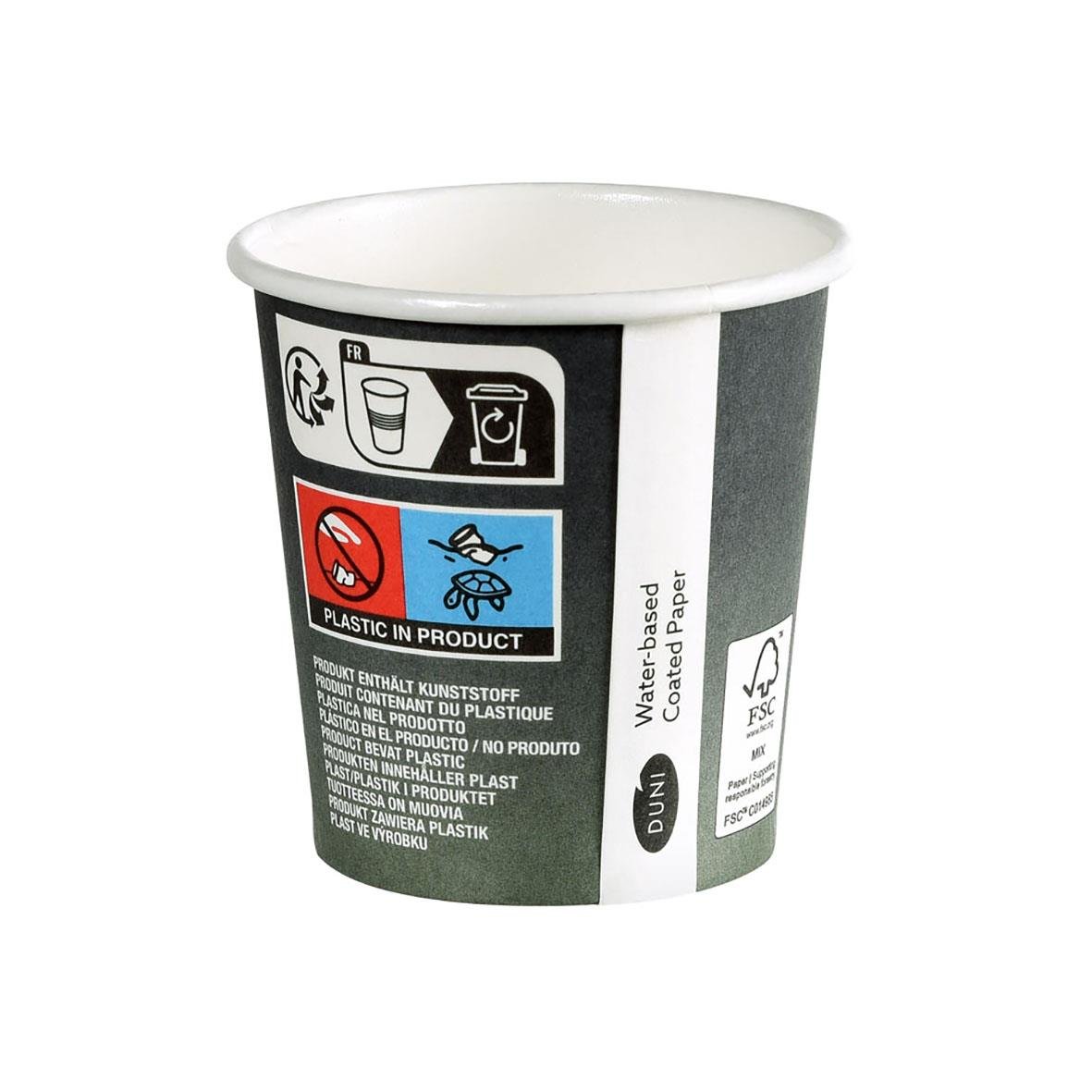 Pappersmugg Duni Urban 12cl i svart och vitt med miljö- och återvinningssymboler