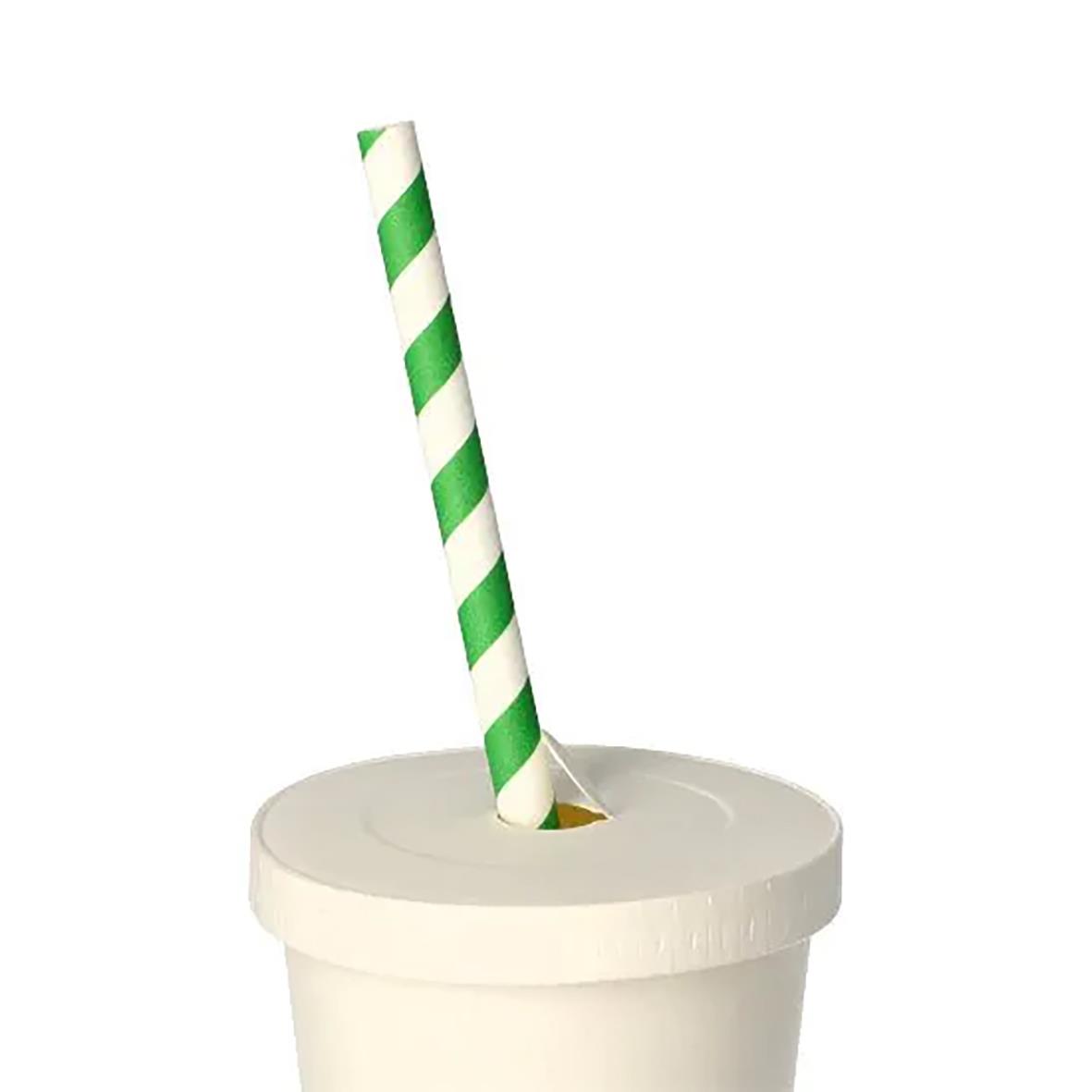 Vit pappersmugg med lock och grönvit sugrör, 24cl, Ø80mm