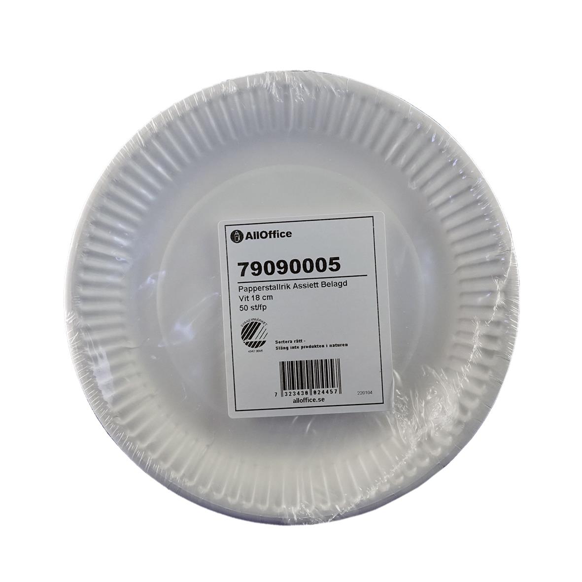 Vit papperstallrik från AllOffice, 18 cm i diameter, belagd och engångsbruk