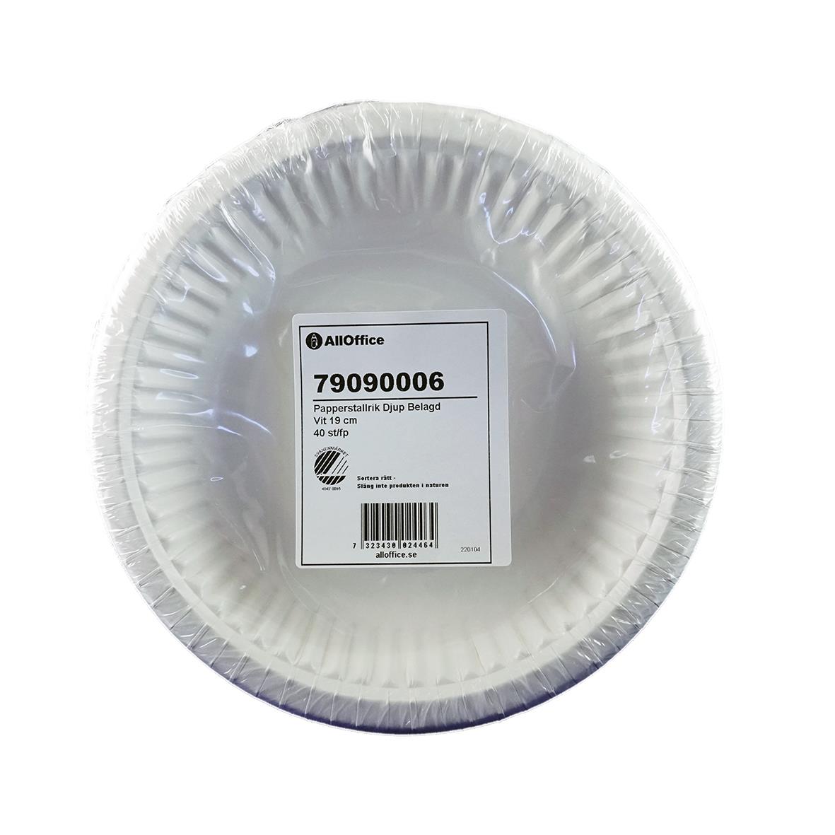 Vit papperstallrik från AllOffice, djup och belagd, 19 cm, för servering