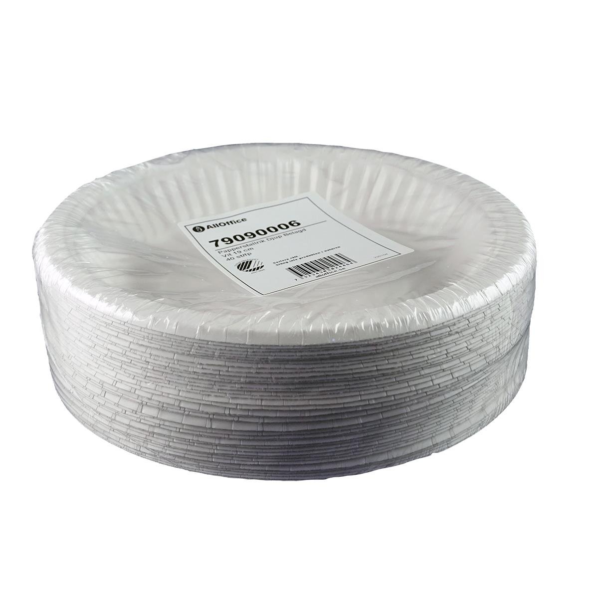 Papperstallrik AllOffice Djup Belagd Vit 19cm staplade i en hög