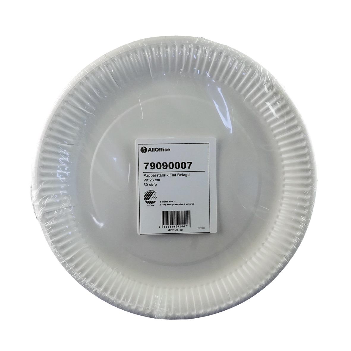 Vit papperstallrik från AllOffice, 23 cm i diameter, belagd
