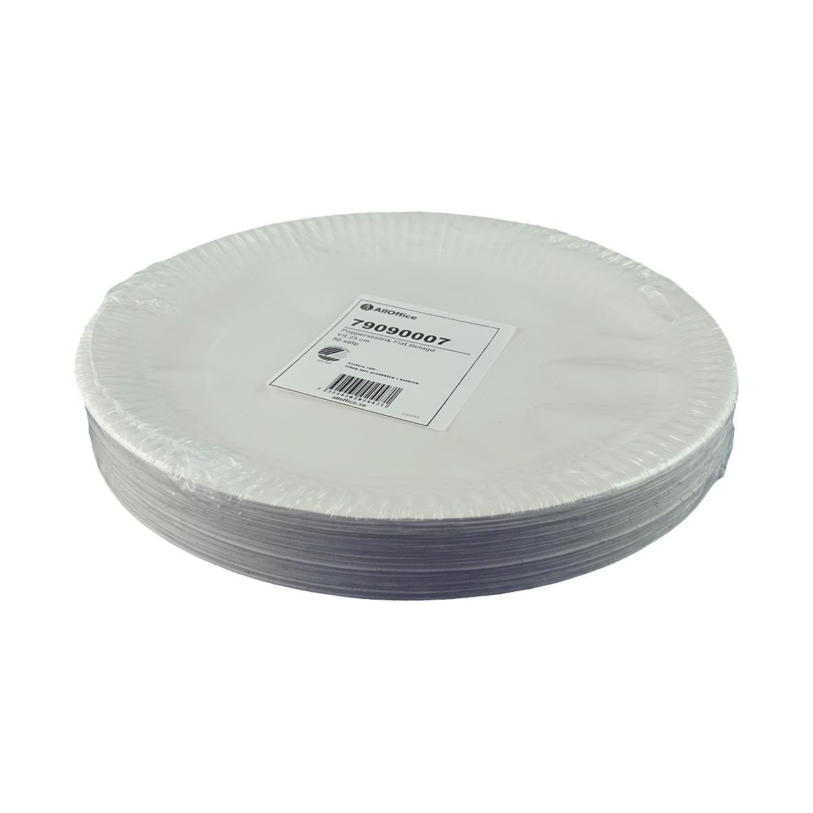 Vit papperstallrik från AllOffice, 23 cm diameter, platt och belagd