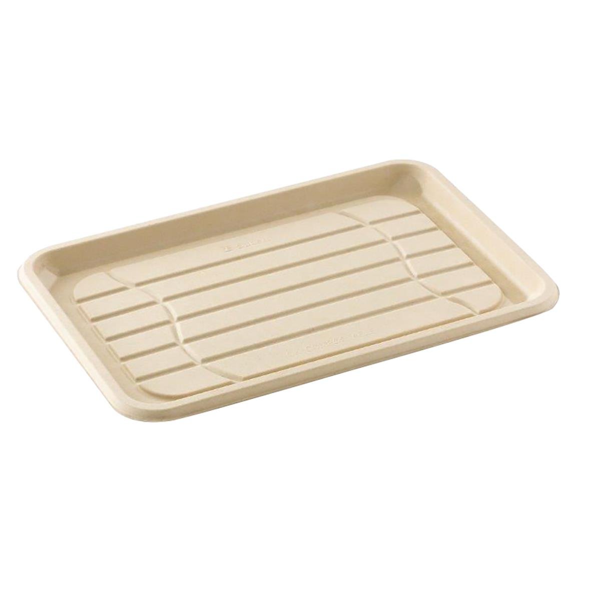 Uppläggningsfat av bagasse, storlek 350x240x20mm, rektangulärt med ribbad yta