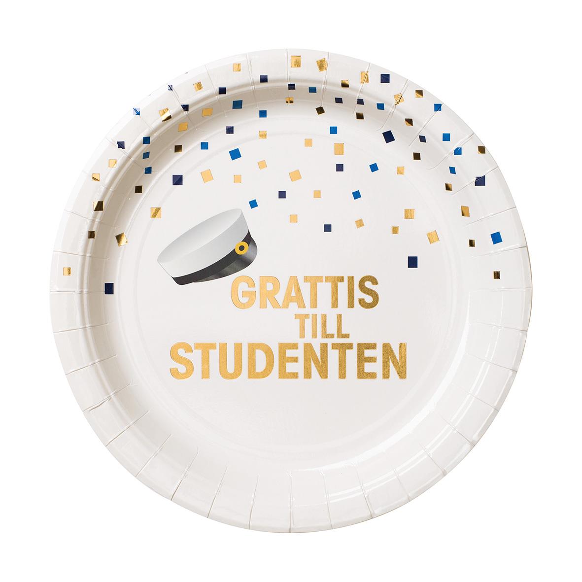 Tallrik med texten Grattis till studenten och blå och guldfärgade konfetti, diameter 23 cm