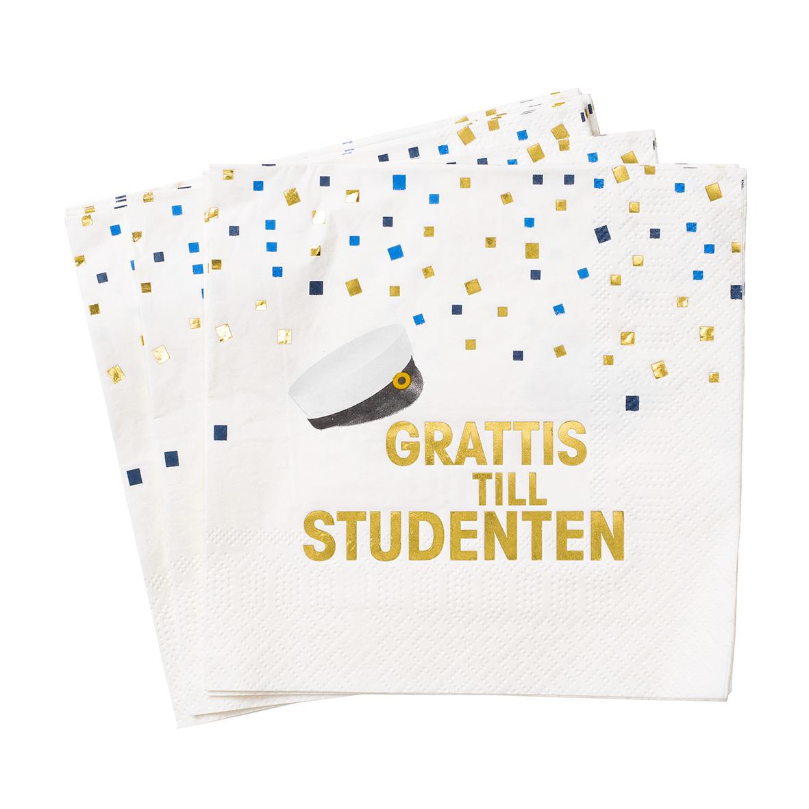 Servett med studentmotiv och texten Grattis till studenten i guldfärgat tryck, 33x33 cm