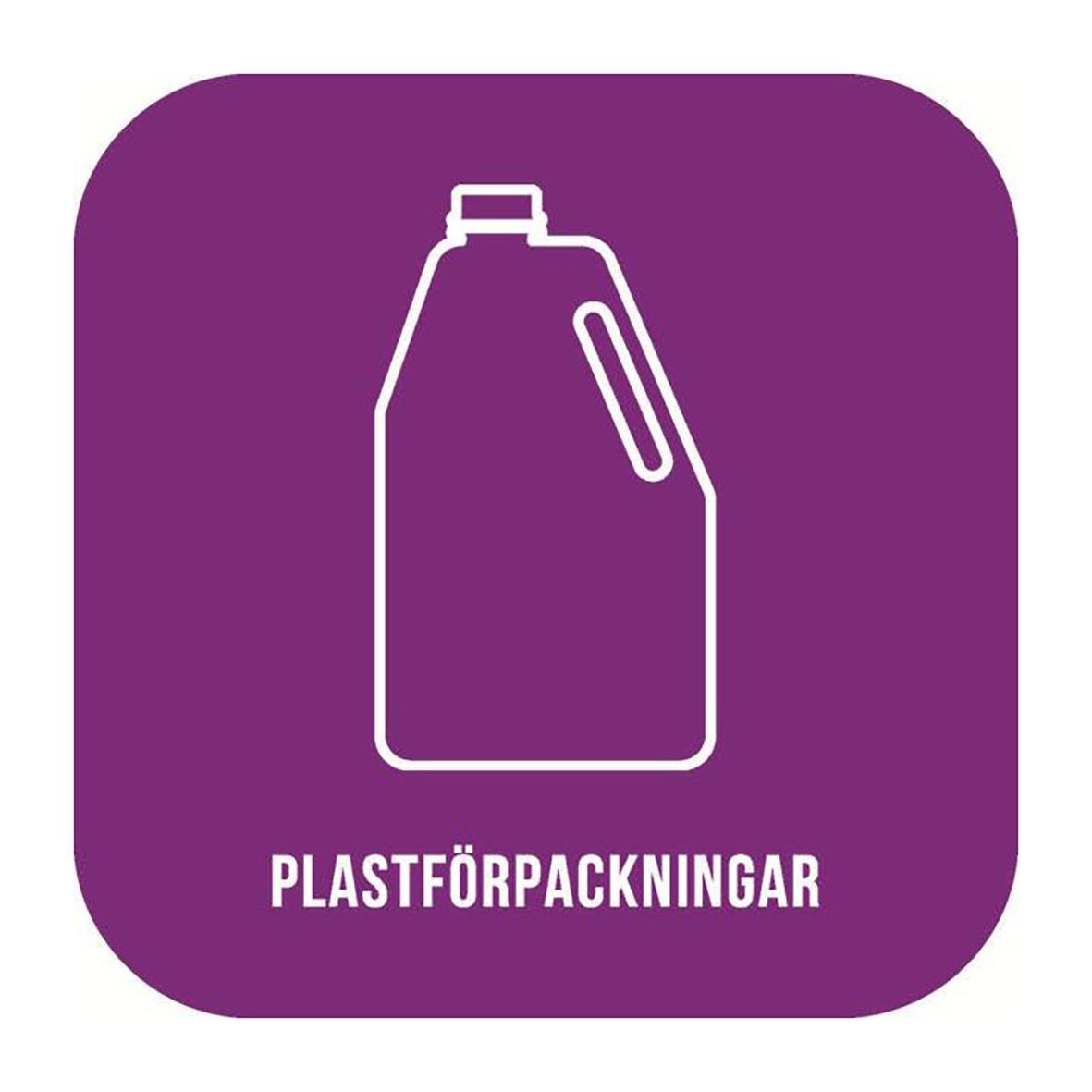 Lila plastförpackning med ikon av en flaska och text plastförpackningar