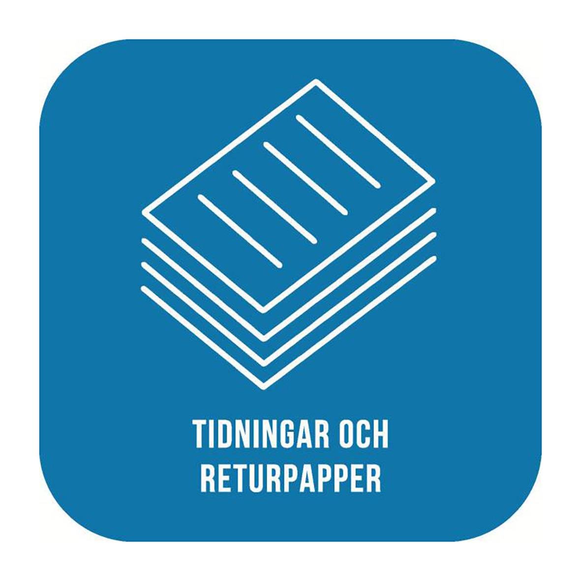 Blå dekal med ikon av tidningar och papper samt texten Tidningar och Returpapper