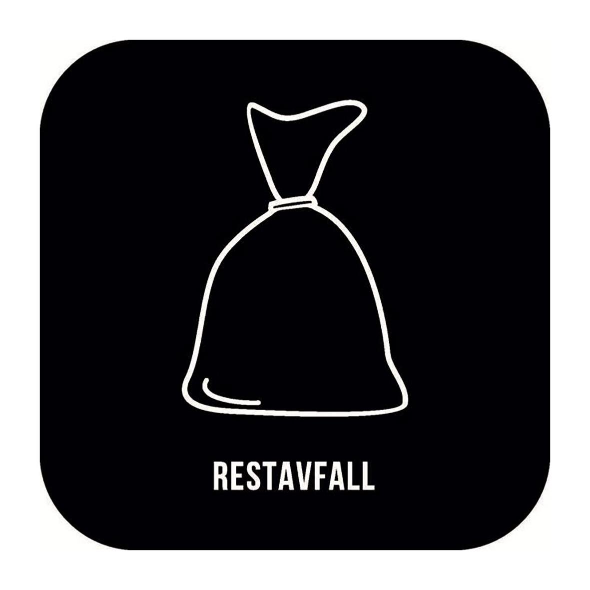Svart dekal med vit linjeillustration av en soppåsesäck och texten RESTAVFALL
