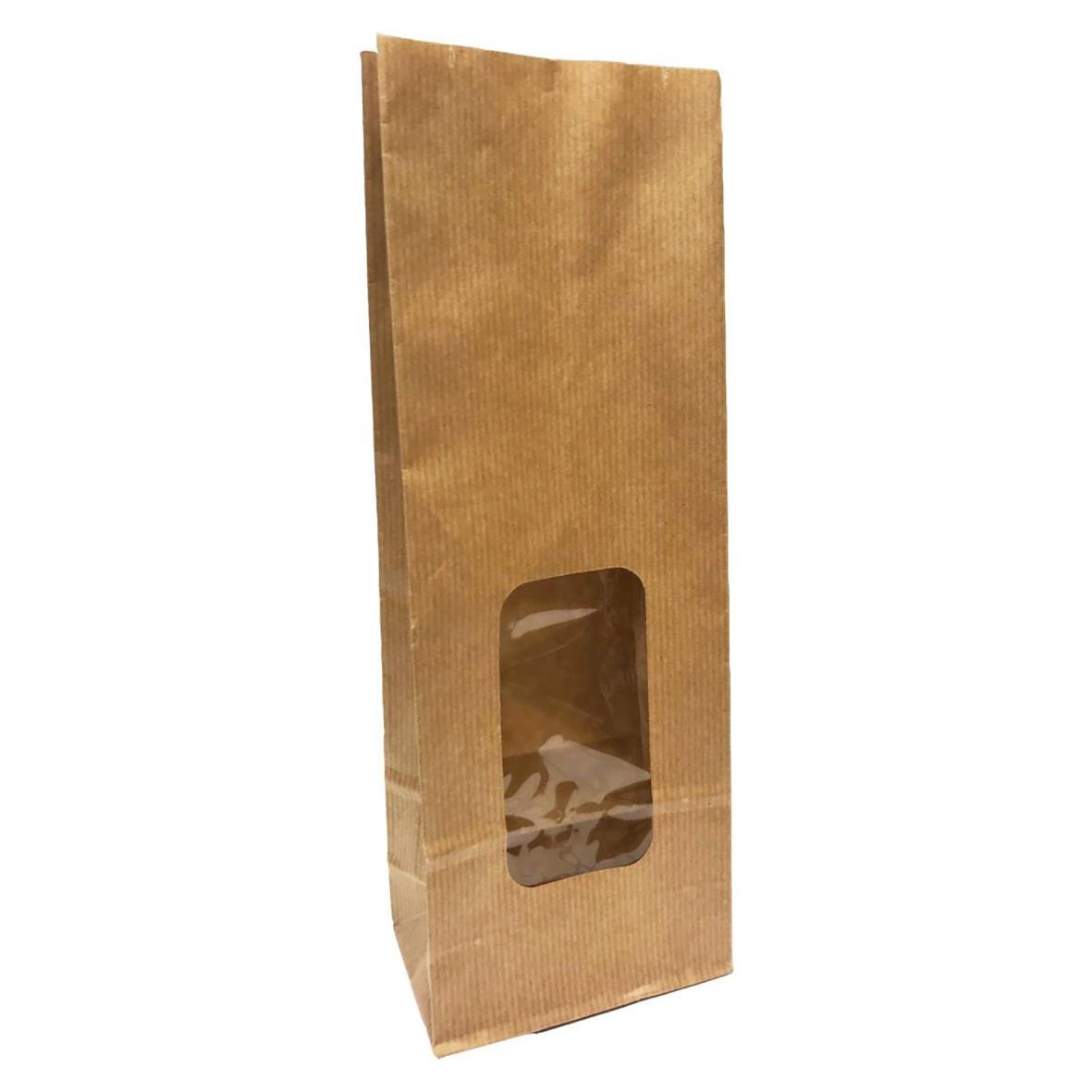 Brun papperspåse med fönster och ribbad yta, mått 105x65x290mm