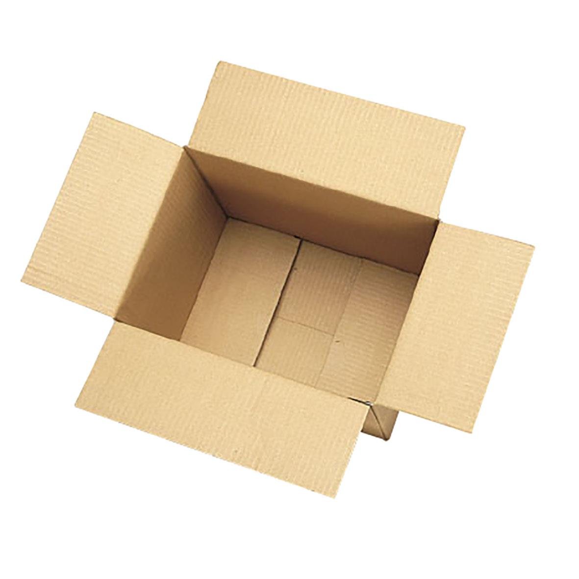 Öppen kartonglåda med fyra sidor och botten, användbar för förvaring eller transport