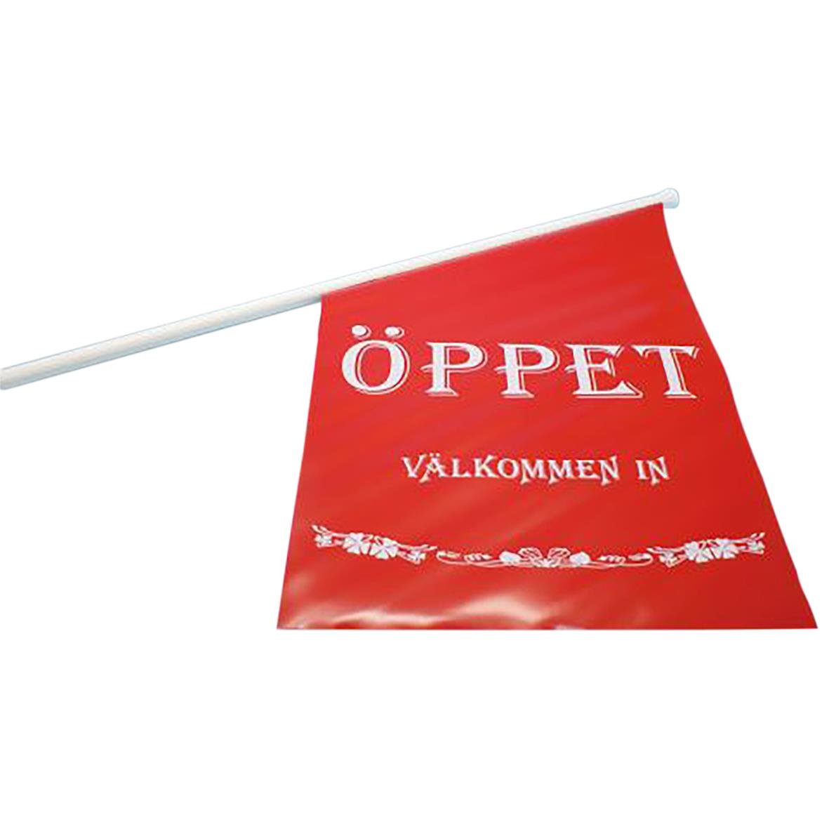 Röd öppetflagg med vit text VÄLKOMMEN IN och dekorativt band längst ner