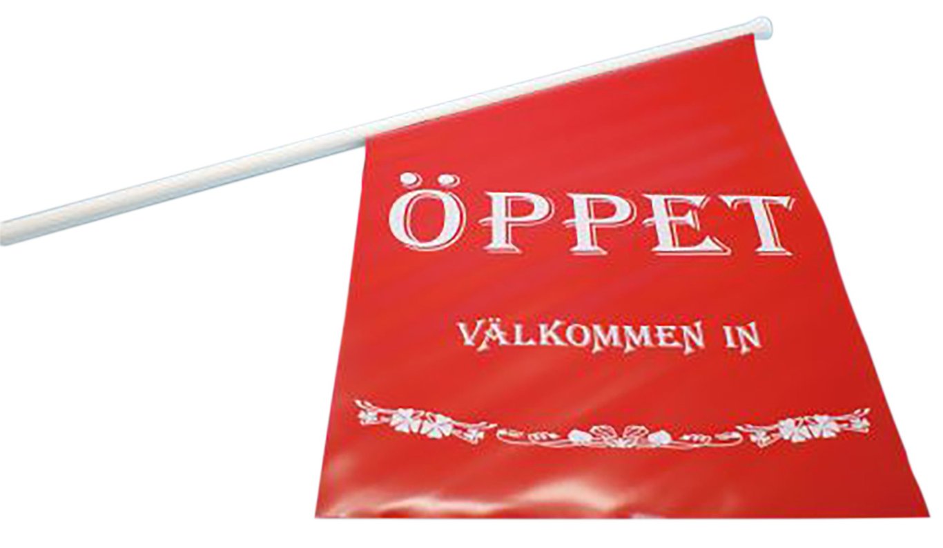 Entrèflagga Öppet Exkl flaggfäste röd med vit text