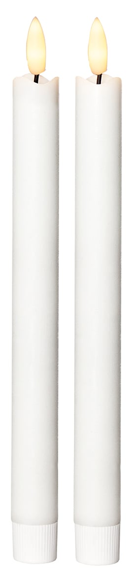Två vita LED-ljus i form av stearinljus, 25 cm långa, med flammor som lyser upp