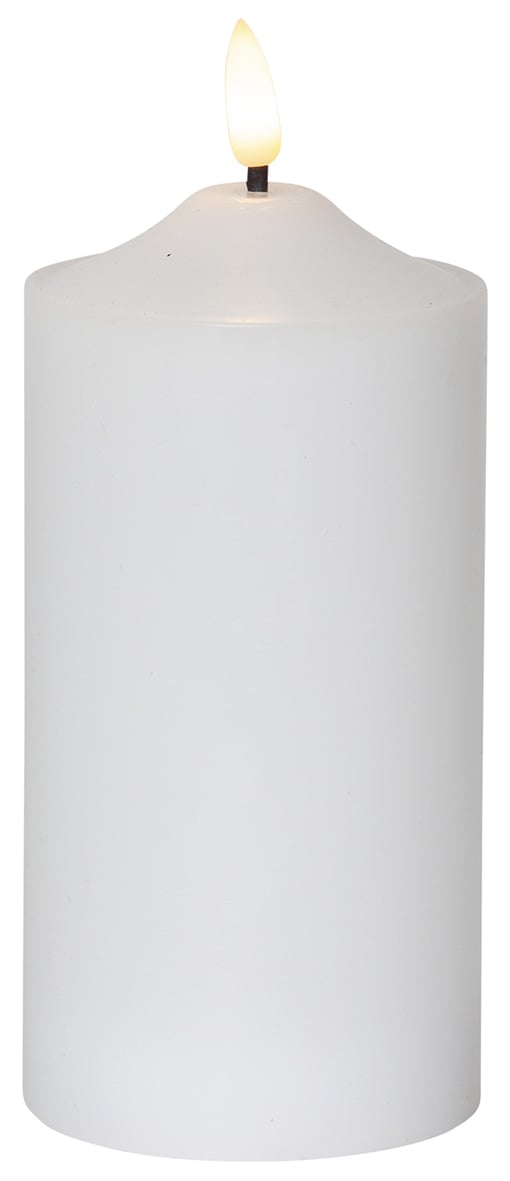 Vit LED blockljus i form av ett stearinljus med flamma, mått 75x170mm
