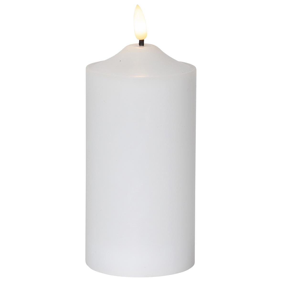 Vit LED blockljus i form av ett stearinljus med flamma, mått 75x170mm