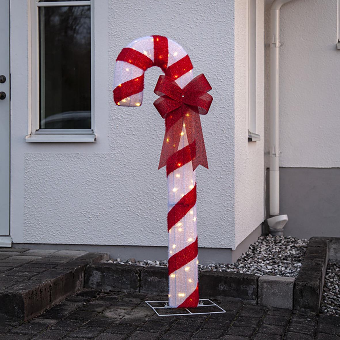 Juldekoration candycane med 75 LED-lampor och röd rosett, 150 cm hög utomhus