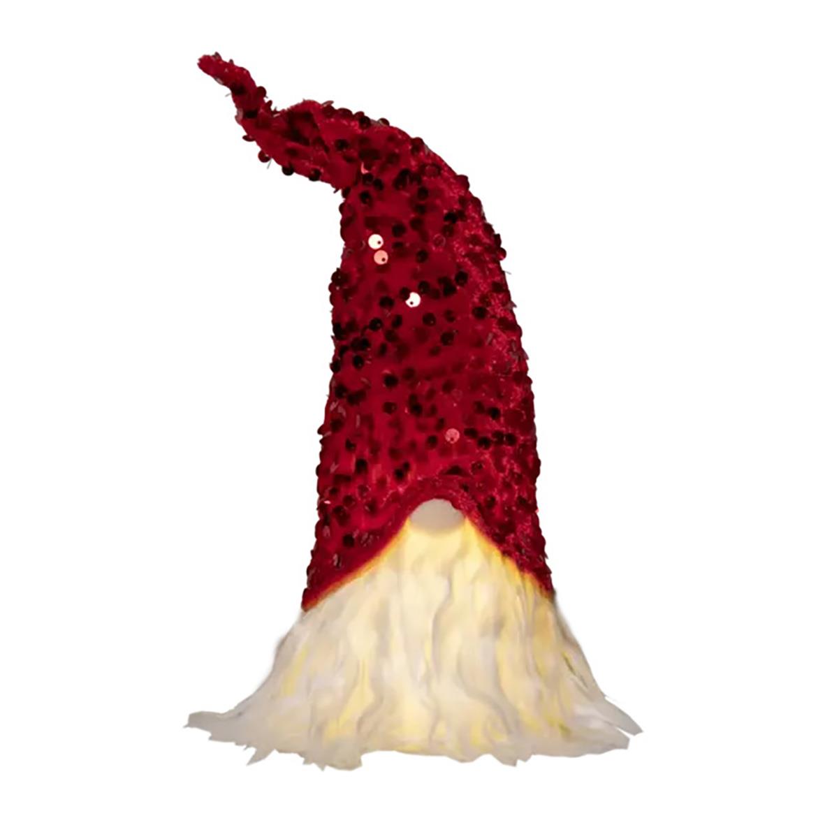 Dekorationsfigur av tomte med röd, glittrig hatt och vit skägg