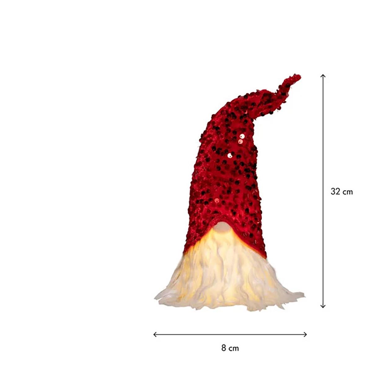 Röd tomtefigur med glittermössa och vit skägg, höjd 32 cm, bredd 8 cm, dekoration för jul