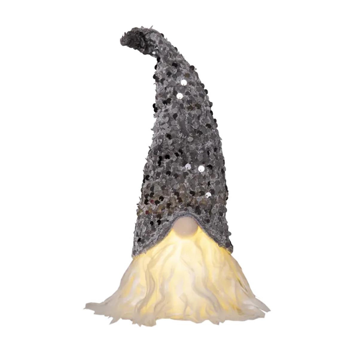 Dekorationsfigur av tomte med silverglitterhatt och ljus i botten