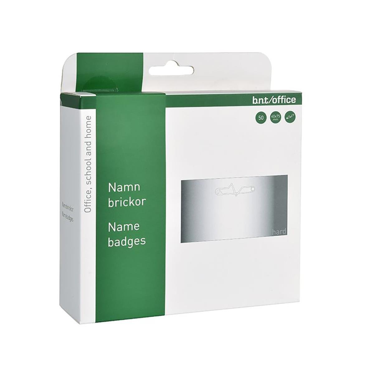 Namnskylt med nål 40x75mm i vitt och grönt för namnbrickor